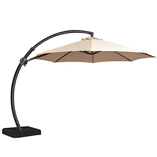 JEAREY Curvy Cantilever Patio Umbrellas Large Outdoor Heavy Duty Offset Hanging Umbrella with Base for Swimming Pool, Garden, Porch, Deck, Lawn, Backyard and Market (11FT, Beige)