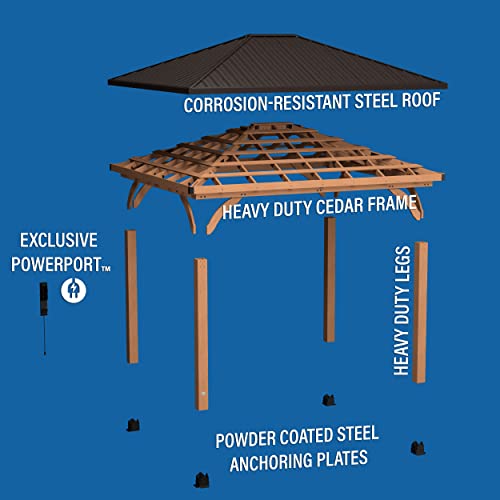 Backyard Discovery Barrington 14 ft. x 12 ft. Hip Roof Cedar Wood Gazebo Pavilion, Shade, Rain, Hard Top Steel Metal Roof, All Weather Protected, Wind Resistant up to 100 mph, Holds up to 10650 lbs