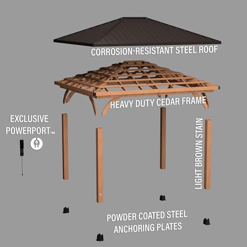 Backyard Discovery Barrington 14 ft. x 12 ft. Hip Roof Cedar Wood Gazebo Pavilion, Shade, Rain, Hard Top Steel Metal Roof, All Weather Protected, Wind Resistant up to 100 mph, Holds up to 10650 lbs