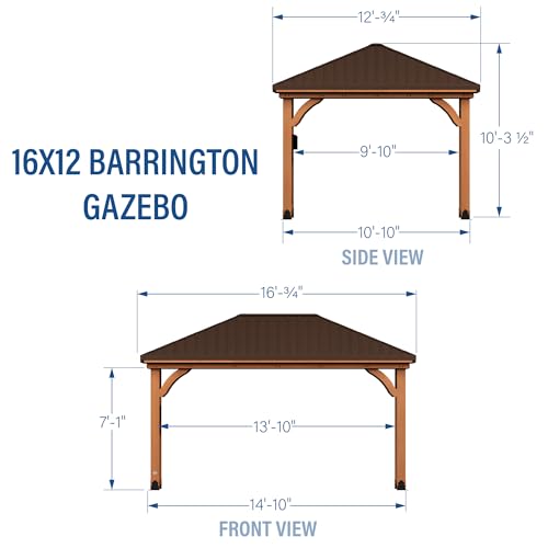 Backyard Discovery Barrington 16 ft. x 12 ft. Hip Roof Cedar Wood Gazebo Pavilion, Shade, Rain, Hard Top Steel Metal Roof, All Weather Protected, Wind Resistant up to 100 mph, Holds up to 7800 lbs