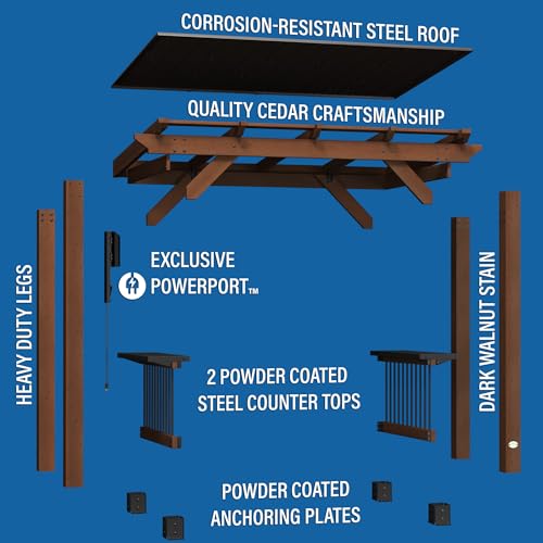 Backyard Discovery Saxony Wooden Grill Gazebo, Insulated Steel Roof, Cook Station, Barbeque, Patio, Deck, Withstand Wind and Snow, Corrosion Resistant, Reduce Heat Transfer, Power Ports, Walnut