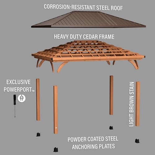 Backyard Discovery Barrington 16 ft. x 12 ft. Hip Roof Cedar Wood Gazebo Pavilion, Shade, Rain, Hard Top Steel Metal Roof, All Weather Protected, Wind Resistant up to 100 mph, Holds up to 7800 lbs