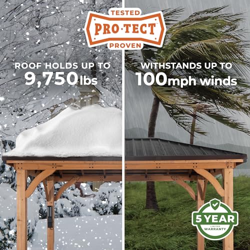 Backyard Discovery Barrington 16 ft. x 12 ft. Hip Roof Cedar Wood Gazebo Pavilion, Shade, Rain, Hard Top Steel Metal Roof, All Weather Protected, Wind Resistant up to 100 mph, Holds up to 7800 lbs