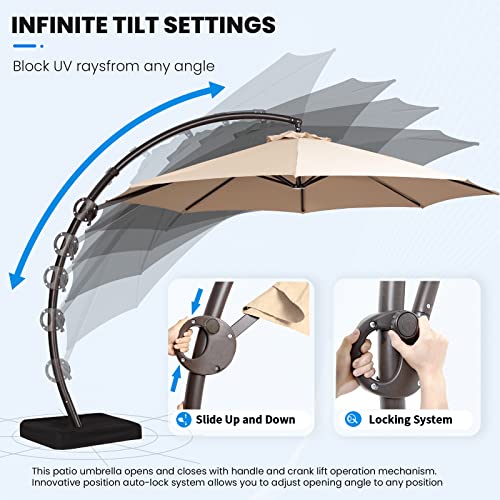 JEAREY Curvy Cantilever Patio Umbrellas Large Outdoor Heavy Duty Offset Hanging Umbrella with Base for Swimming Pool, Garden, Porch, Deck, Lawn, Backyard and Market (11FT, Beige)