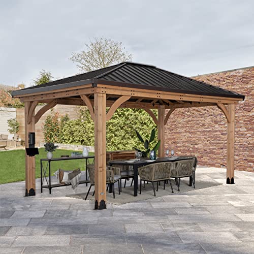 Backyard Discovery Barrington 14 ft. x 12 ft. Hip Roof Cedar Wood Gazebo Pavilion, Shade, Rain, Hard Top Steel Metal Roof, All Weather Protected, Wind Resistant up to 100 mph, Holds up to 10650 lbs