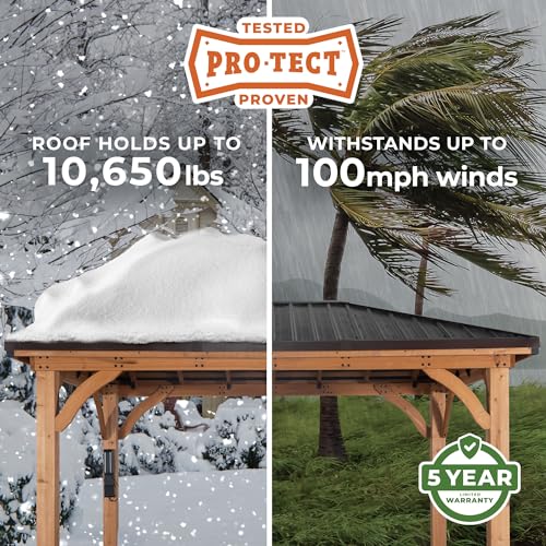 Backyard Discovery Barrington 14 ft. x 12 ft. Hip Roof Cedar Wood Gazebo Pavilion, Shade, Rain, Hard Top Steel Metal Roof, All Weather Protected, Wind Resistant up to 100 mph, Holds up to 10650 lbs