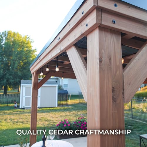 Backyard Discovery Arcadia 12 x 9.5 All Cedar Wooden Gazebo Pavilion with Hard Top Steel Slope Roof, Durable, Supports Snow Loads and Wind Speed, Rot Resistant, Backyard, Deck, Garden, Patio