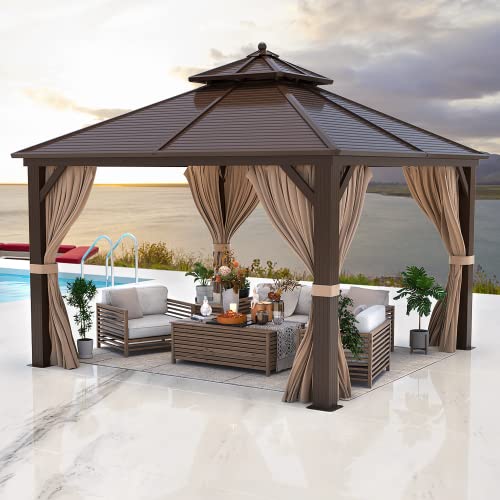 YOLENY 12'x12' Hardtop Gazebo with Galvanized Steel Double Roof, Pergolas Aluminum Frame, Netting and Curtains Included, Metal Outdoor Gazebos for Garden, Patios, Lawns, Parties