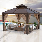 YOLENY 12'x12' Hardtop Gazebo with Galvanized Steel Double Roof, Pergolas Aluminum Frame, Netting and Curtains Included, Metal Outdoor Gazebos for Garden, Patios, Lawns, Parties