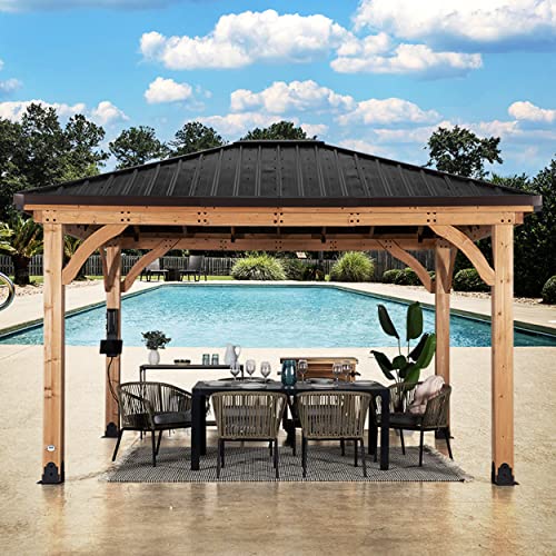 Backyard Discovery Barrington 14 ft. x 12 ft. Hip Roof Cedar Wood Gazebo Pavilion, Shade, Rain, Hard Top Steel Metal Roof, All Weather Protected, Wind Resistant up to 100 mph, Holds up to 10650 lbs