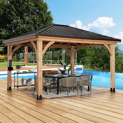 Backyard Discovery Barrington 14 ft. x 12 ft. Hip Roof Cedar Wood Gazebo Pavilion, Shade, Rain, Hard Top Steel Metal Roof, All Weather Protected, Wind Resistant up to 100 mph, Holds up to 10650 lbs