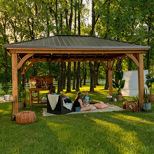 Backyard Discovery Barrington 16 ft. x 12 ft. Hip Roof Cedar Wood Gazebo Pavilion, Shade, Rain, Hard Top Steel Metal Roof, All Weather Protected, Wind Resistant up to 100 mph, Holds up to 7800 lbs