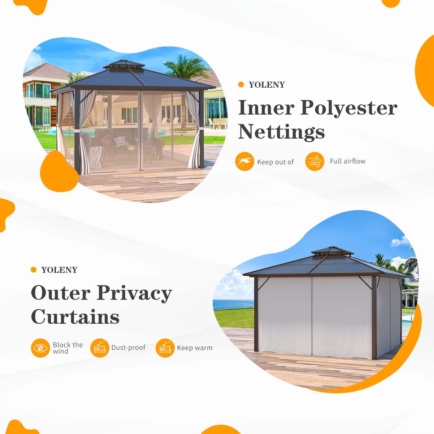 YOLENY 12'x12' Hardtop Gazebo, Outdoor Polycarbonate Double Roof Canopy, Aluminum Frame Permanent Pavilion with Curtains and Netting, Sunshade for Garden, Patio, Lawns