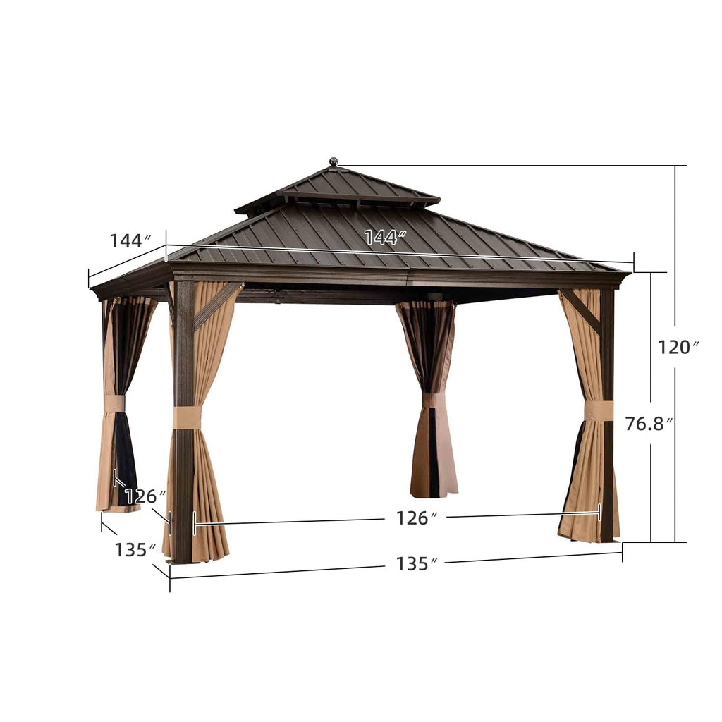 PURPLE LEAF 12' X 12' Outdoor Hardtop Gazebo Permanent Outside Heavy Duty Sun Shade Deck Canopy for Patio All Weather Aluminum Metal Roof Backyard Pavilion with Netting and Curtains