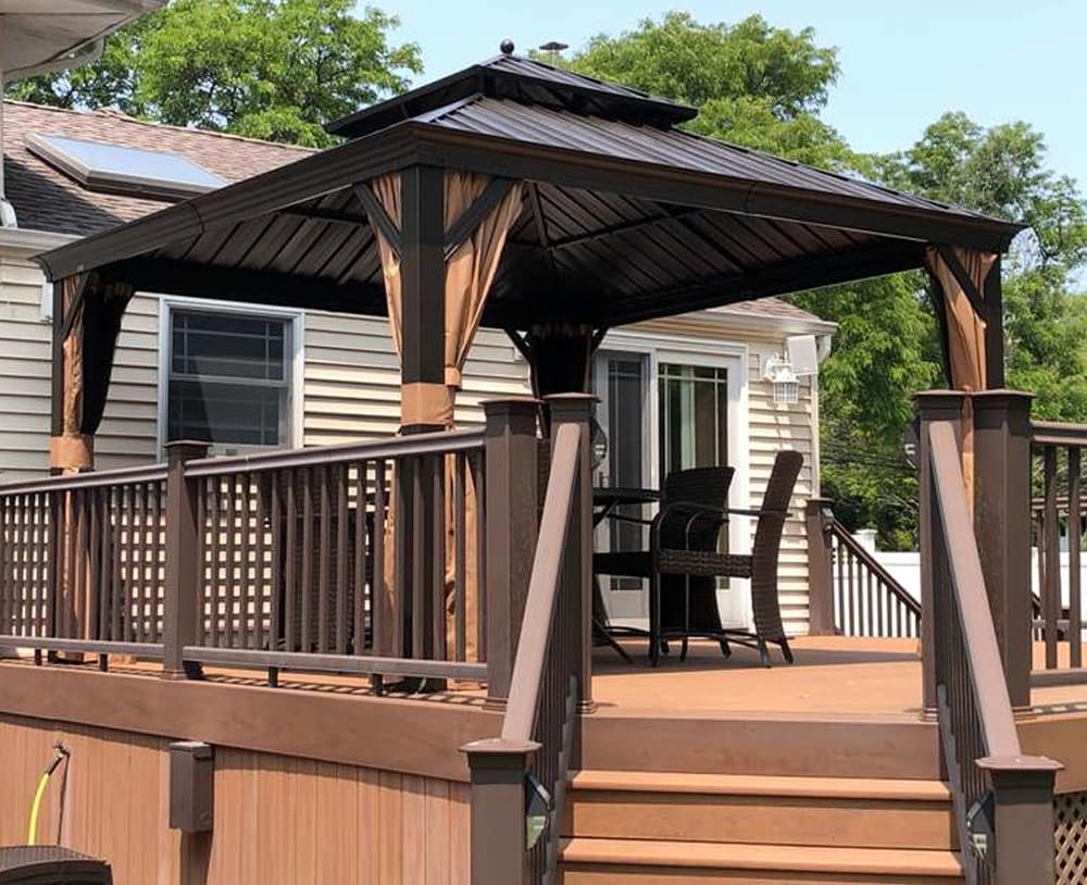 PURPLE LEAF 12' X 12' Outdoor Hardtop Gazebo Permanent Outside Heavy Duty Sun Shade Deck Canopy for Patio All Weather Aluminum Metal Roof Backyard Pavilion with Netting and Curtains