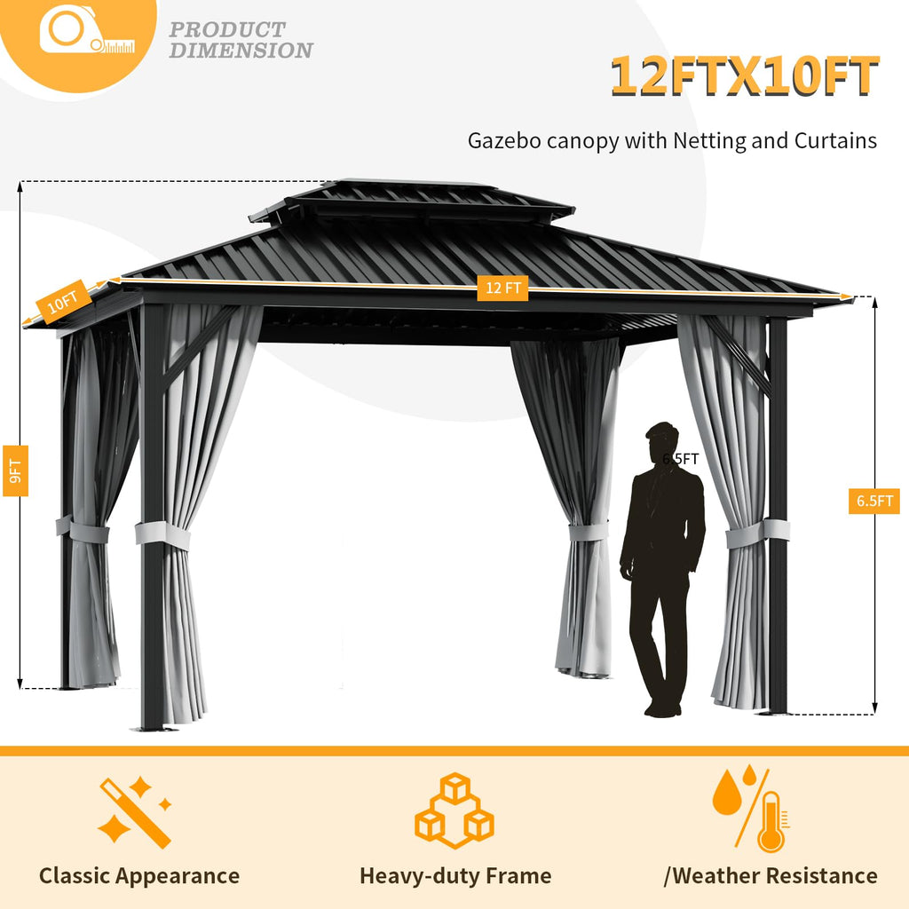 Jolydale 10X12 Hardtop Gazebo, Outdoor Aluminum Gazebo with Galvanized Steel Double Roof, Permanent Metal Pavilion with Netting, Curtains