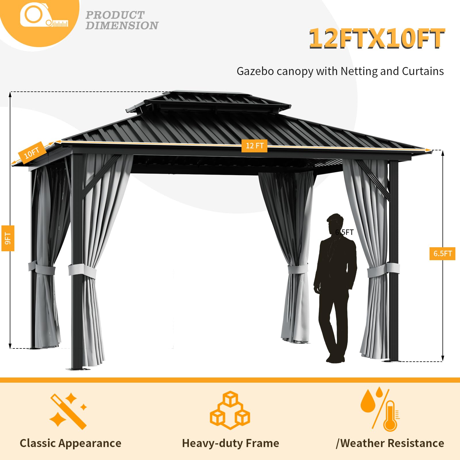 Jolydale 10X12 Hardtop Gazebo, Outdoor Aluminum Gazebo with Galvanized Steel Double Roof, Permanent Metal Pavilion with Netting, Curtains