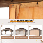 EROMMY 10'x13' Hardtop Gazebo, Galvanized Steel Outdoor Aluminum Canopy with Netting and Shaded Curtains, Double Roof Pergolas, Permanent Metal Pavilion for Patio, Backyard, Deck and Lawns, Brown