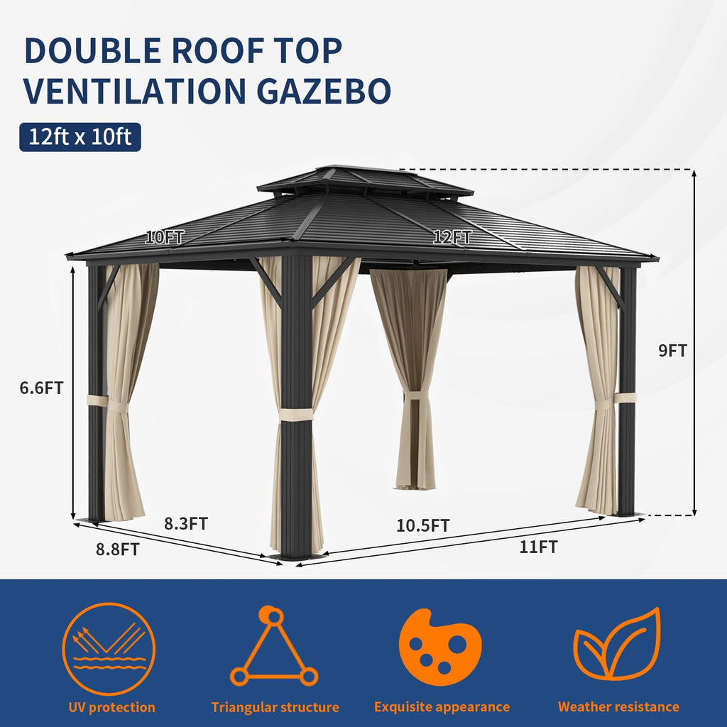 Jolydale 10'x12' Hardtop Gazebo, Galvanized Steel Double Roof, Aluminum Frame Permanent Metal Pavilion with Netting and Curtains for Patio, Backyard and Deck, Brown