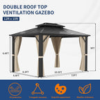 Jolydale 10'x12' Hardtop Gazebo, Galvanized Steel Double Roof, Aluminum Frame Permanent Metal Pavilion with Netting and Curtains for Patio, Backyard and Deck, Brown