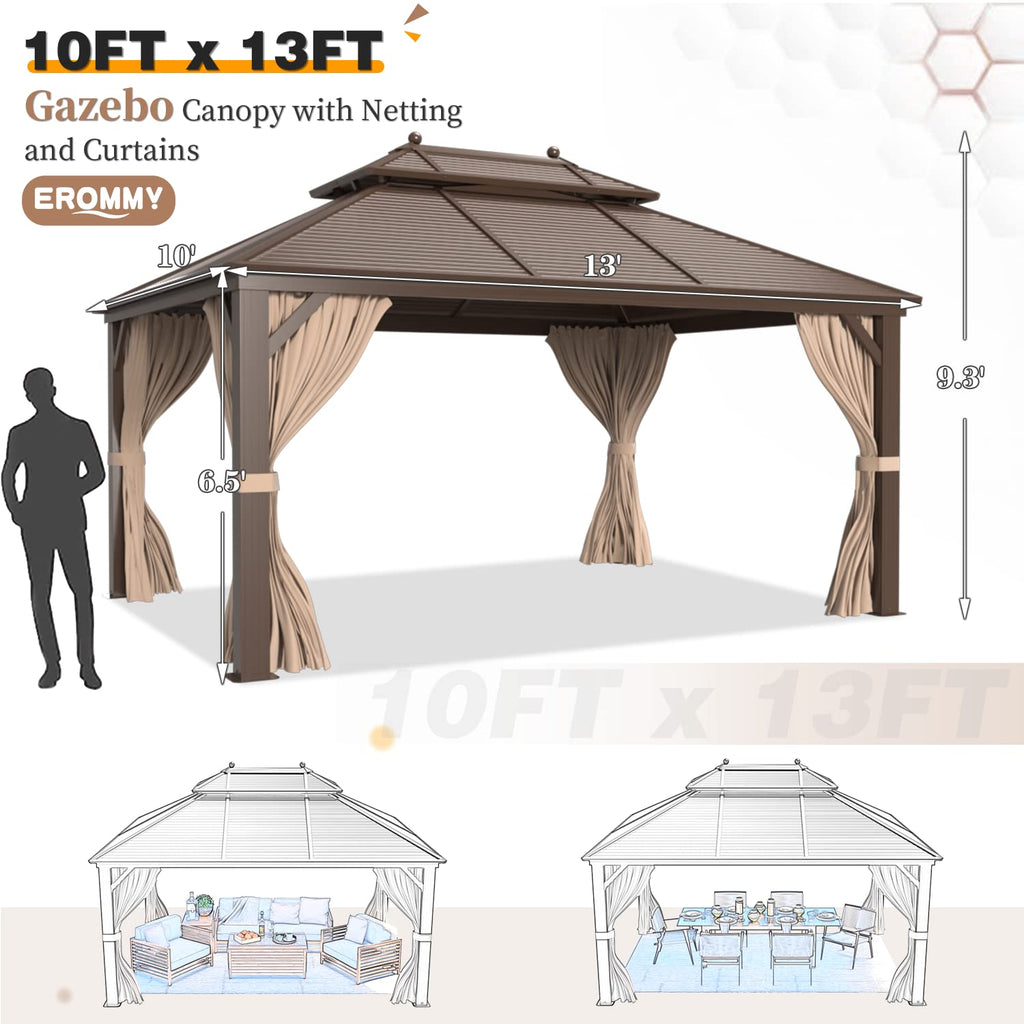 EROMMY 10'x13' Hardtop Gazebo, Galvanized Steel Outdoor Aluminum Canopy with Netting and Shaded Curtains, Double Roof Pergolas, Permanent Metal Pavilion for Patio, Backyard, Deck and Lawns, Brown