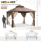 EROMMY 12'x12' Hardtop Gazebo Galvanized Steel Outdoor Gazebo Canopy Double Vented Roof Pergolas Aluminum Frame with Netting and Curtains for Garden,Patio,Lawns,Parties
