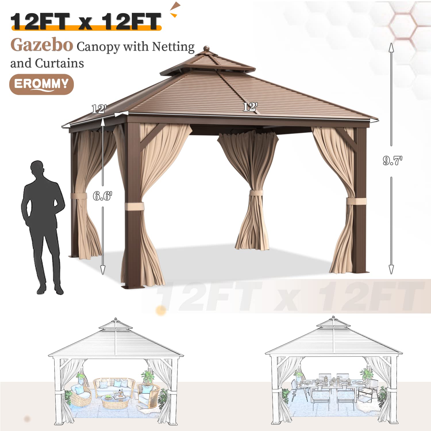 EROMMY 12'x12' Hardtop Gazebo Galvanized Steel Outdoor Gazebo Canopy Double Vented Roof Pergolas Aluminum Frame with Netting and Curtains for Garden,Patio,Lawns,Parties