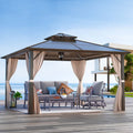 YOLENY 12'x12' Hardtop Gazebo, Outdoor Polycarbonate Double Roof Canopy, Aluminum Frame Permanent Pavilion with Curtains and Netting, Sunshade for Garden, Patio, Lawns