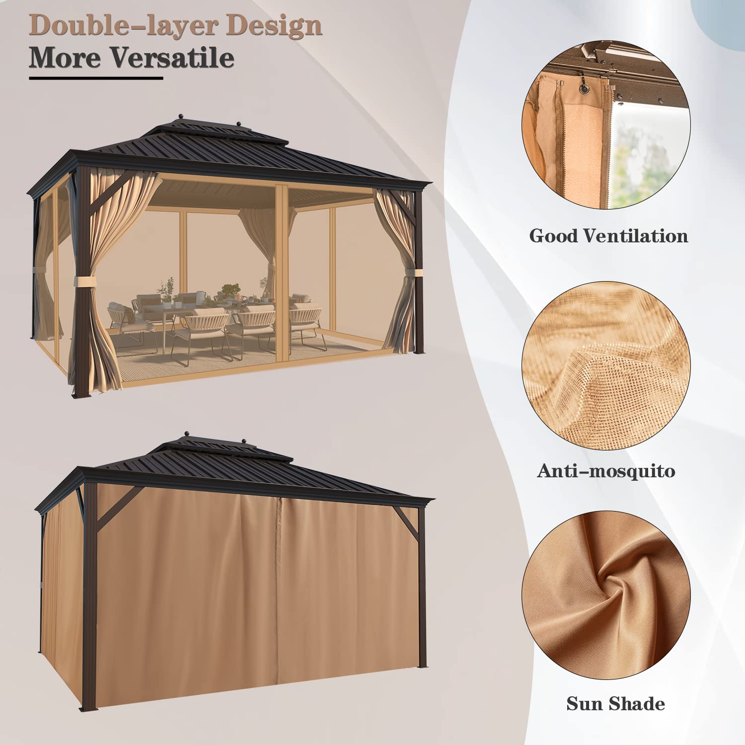 EROMMY 10'x12' Hardtop Gazebo with Galvanized Steel Roof and Mosquito Net, Permanent Pavilion Gazebo with Aluminum Frame for Patios, Gardens, Lawnsfor Patio, Backyard, Deck and Lawns