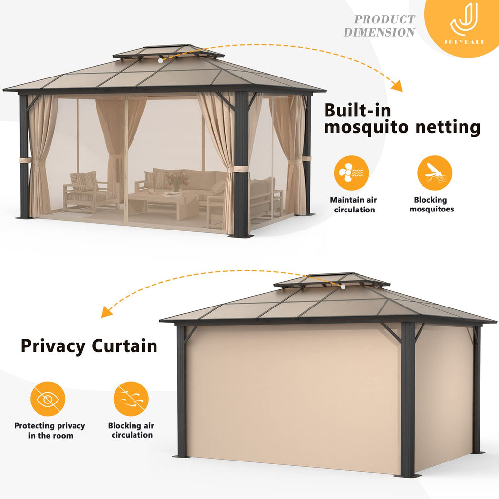 Jolydale 10'x13' Hardtop Gazebo, Polycarbonate Double Top Canopy, Aluminum Frame Permanent Pavilion with Curtains and Netting, Sunshade for Lawns, Patios, Gardens