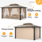 Jolydale 10'x13' Hardtop Gazebo, Polycarbonate Double Top Canopy, Aluminum Frame Permanent Pavilion with Curtains and Netting, Sunshade for Lawns, Patios, Gardens