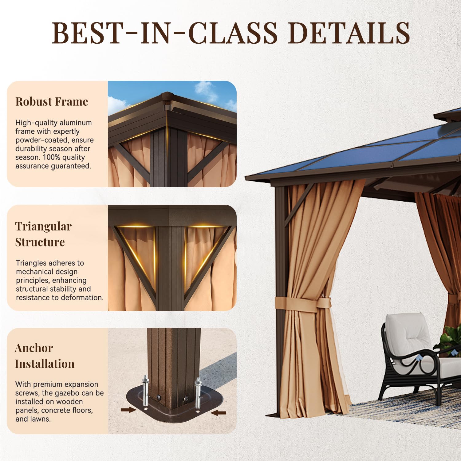 Jolydale 10'x12' Hardtop Gazebo, Double Roof Gazebo, Aluminum Frame Permanent Pavilion with Netting and Curtains, Outdoor Polycarbonate Gazebo, for Patios, Gardens, Lawns