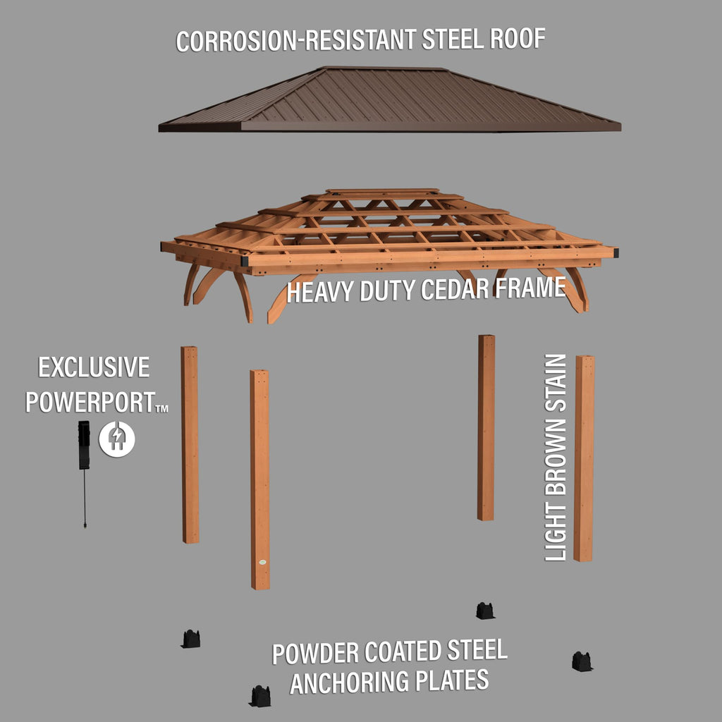 Backyard Discovery Barrington 14 ft. x 10 ft. Hip Roof Cedar Wooden Gazebo Pavilion, Shade, Rain, Hard Top Steel Metal Roof, All Weather Protected, Wind Resistant up to 100 mph, Holds up to 8200 lbs
