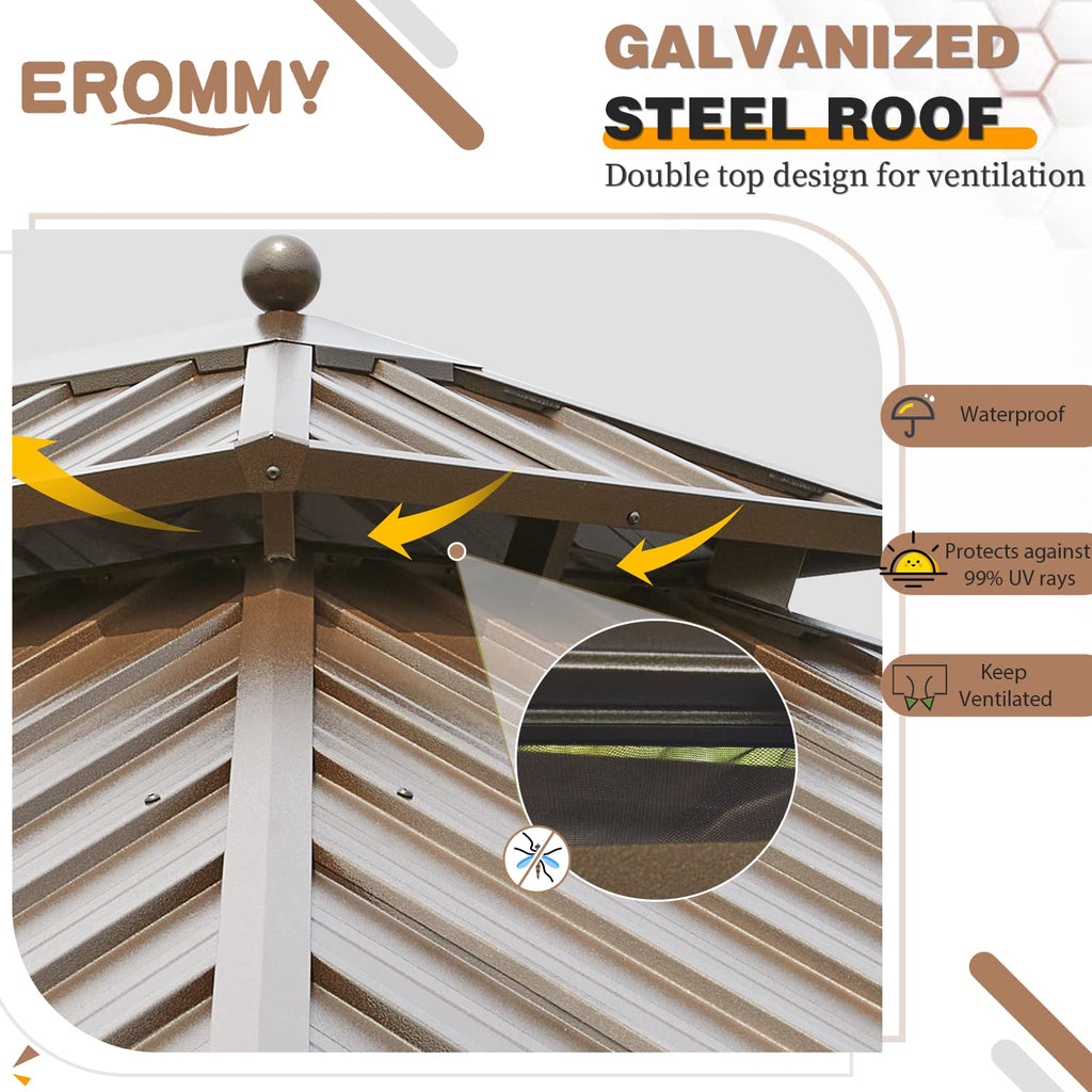 EROMMY 12'x20' Hardtop Gazebo Double Roof Galvanized Steel Canopy Outdoor Aluminum Frame Permanent Metal Pavilion with Netting and Curtains for Patio Backyard Deck and Lawns