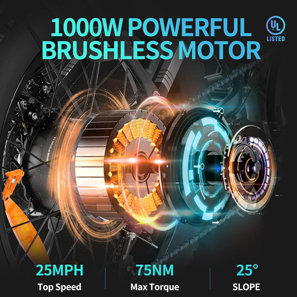 Ridstar Electric Motorcycles for Adults, 1000W 15AH 25MPH Max 35Miles Ebike,20'' Fat Tire Dirt Bike, Bicicleta electrica para adultos UL2849