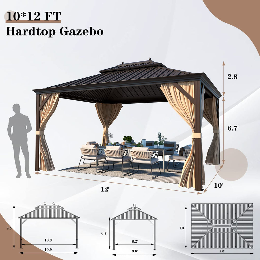 EROMMY 10'x12' Hardtop Gazebo with Galvanized Steel Roof and Mosquito Net, Permanent Pavilion Gazebo with Aluminum Frame for Patios, Gardens, Lawnsfor Patio, Backyard, Deck and Lawns