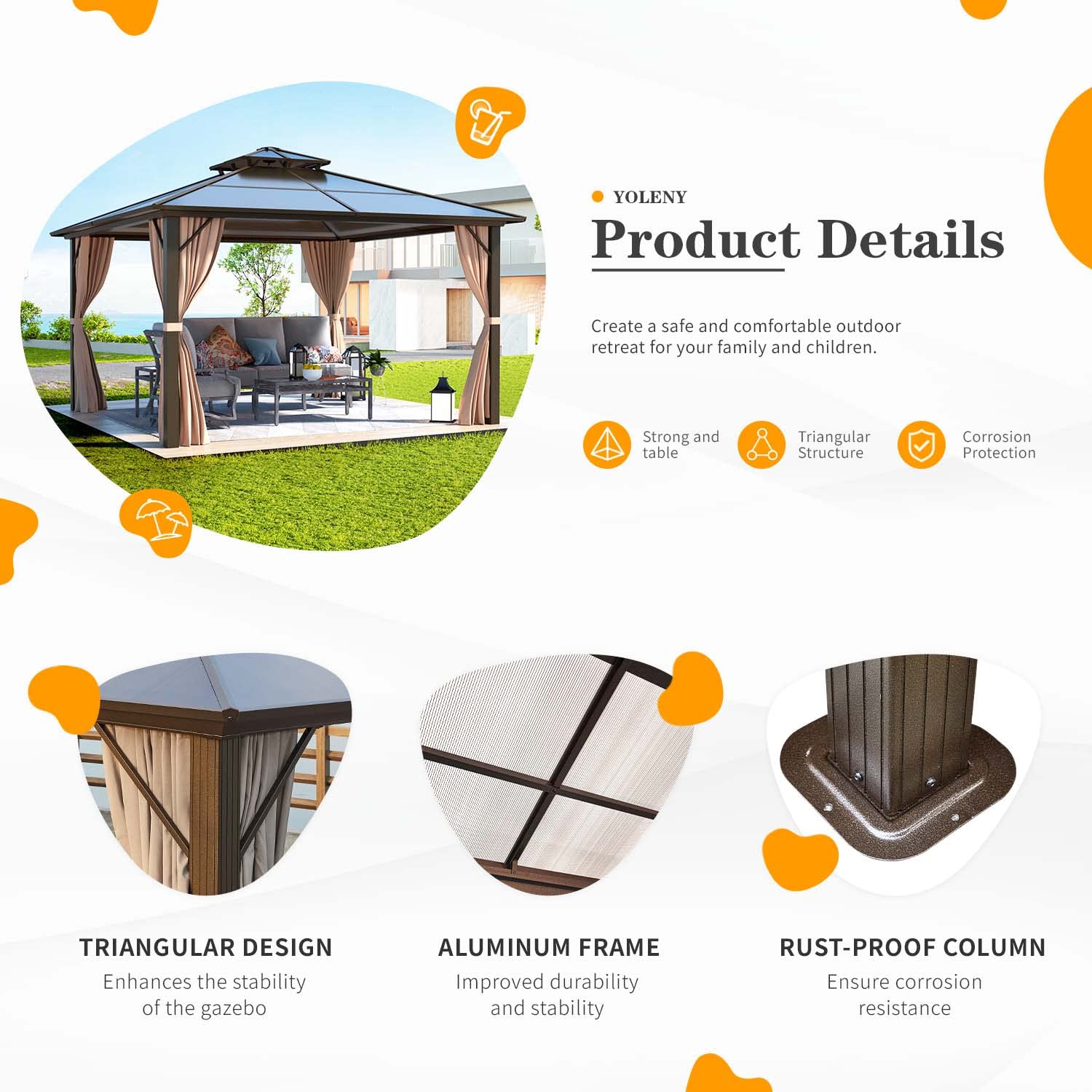 YOLENY 12'x12' Hardtop Gazebo, Outdoor Polycarbonate Double Roof Canopy, Aluminum Frame Permanent Pavilion with Curtains and Netting, Sunshade for Garden, Patio, Lawns