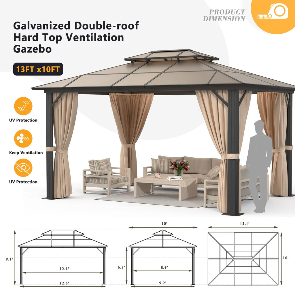 Jolydale 10'x13' Hardtop Gazebo, Polycarbonate Double Top Canopy, Aluminum Frame Permanent Pavilion with Curtains and Netting, Sunshade for Lawns, Patios, Gardens