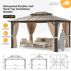 Jolydale 10'x13' Hardtop Gazebo, Polycarbonate Double Top Canopy, Aluminum Frame Permanent Pavilion with Curtains and Netting, Sunshade for Lawns, Patios, Gardens