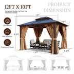 Jolydale 10'x12' Hardtop Gazebo, Double Roof Gazebo, Aluminum Frame Permanent Pavilion with Netting and Curtains, Outdoor Polycarbonate Gazebo, for Patios, Gardens, Lawns