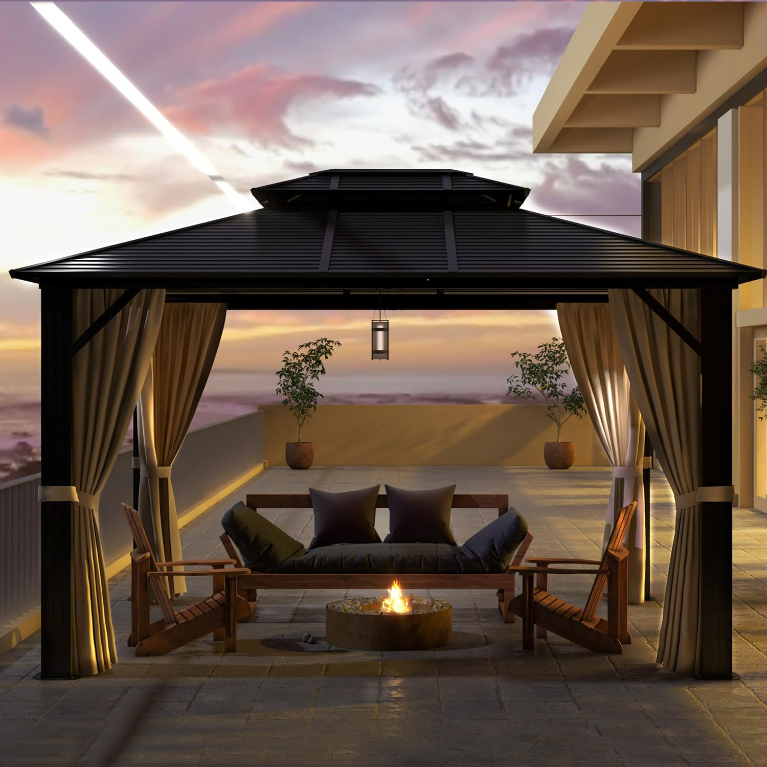 Jolydale 10'x12' Hardtop Gazebo, Galvanized Steel Double Roof, Aluminum Frame Permanent Metal Pavilion with Netting and Curtains for Patio, Backyard and Deck, Brown