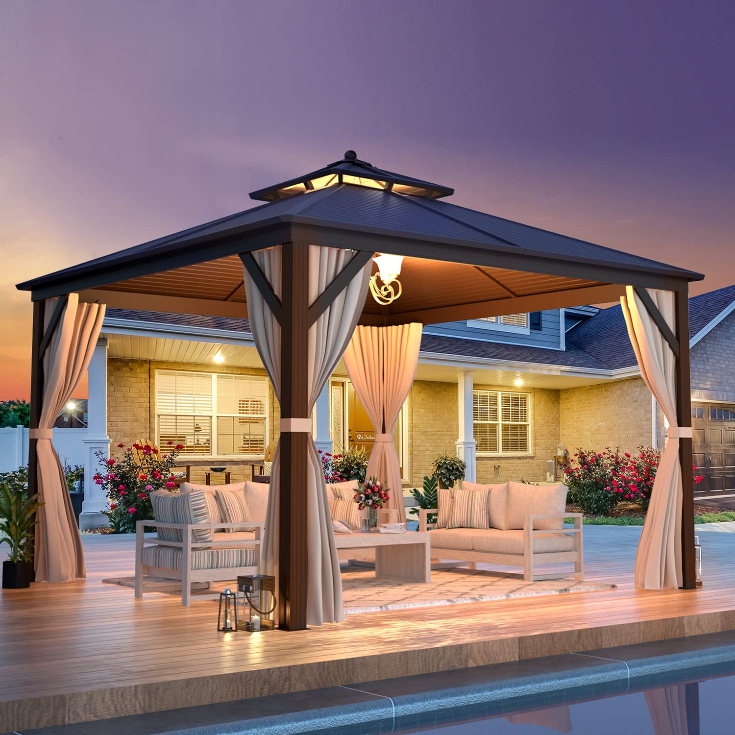 EROMMY 12'x12' Hardtop Gazebo Galvanized Steel Outdoor Gazebo Canopy Double Vented Roof Pergolas Aluminum Frame with Netting and Curtains for Garden,Patio,Lawns,Parties