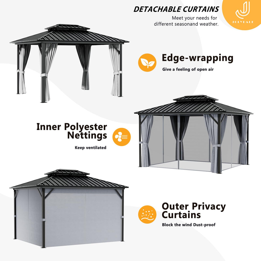 Jolydale 10X12 Hardtop Gazebo, Outdoor Aluminum Gazebo with Galvanized Steel Double Roof, Permanent Metal Pavilion with Netting, Curtains