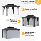 Jolydale 10X12 Hardtop Gazebo, Outdoor Aluminum Gazebo with Galvanized Steel Double Roof, Permanent Metal Pavilion with Netting, Curtains
