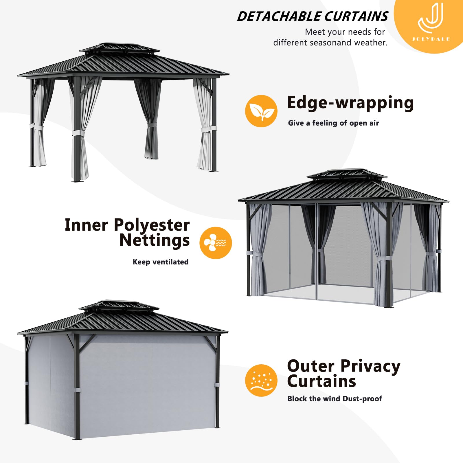 Jolydale 10X12 Hardtop Gazebo, Outdoor Aluminum Gazebo with Galvanized Steel Double Roof, Permanent Metal Pavilion with Netting, Curtains