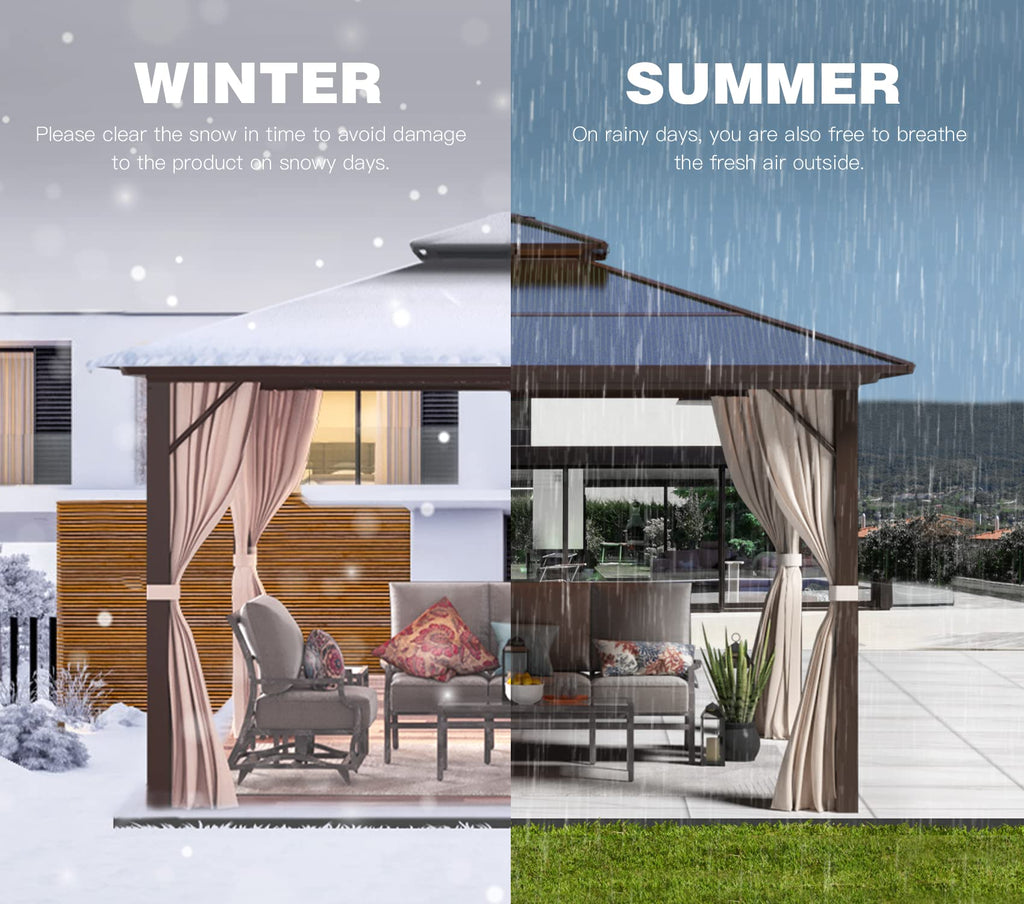 YOLENY 12'x12' Hardtop Gazebo, Outdoor Polycarbonate Double Roof Canopy, Aluminum Frame Permanent Pavilion with Curtains and Netting, Sunshade for Garden, Patio, Lawns