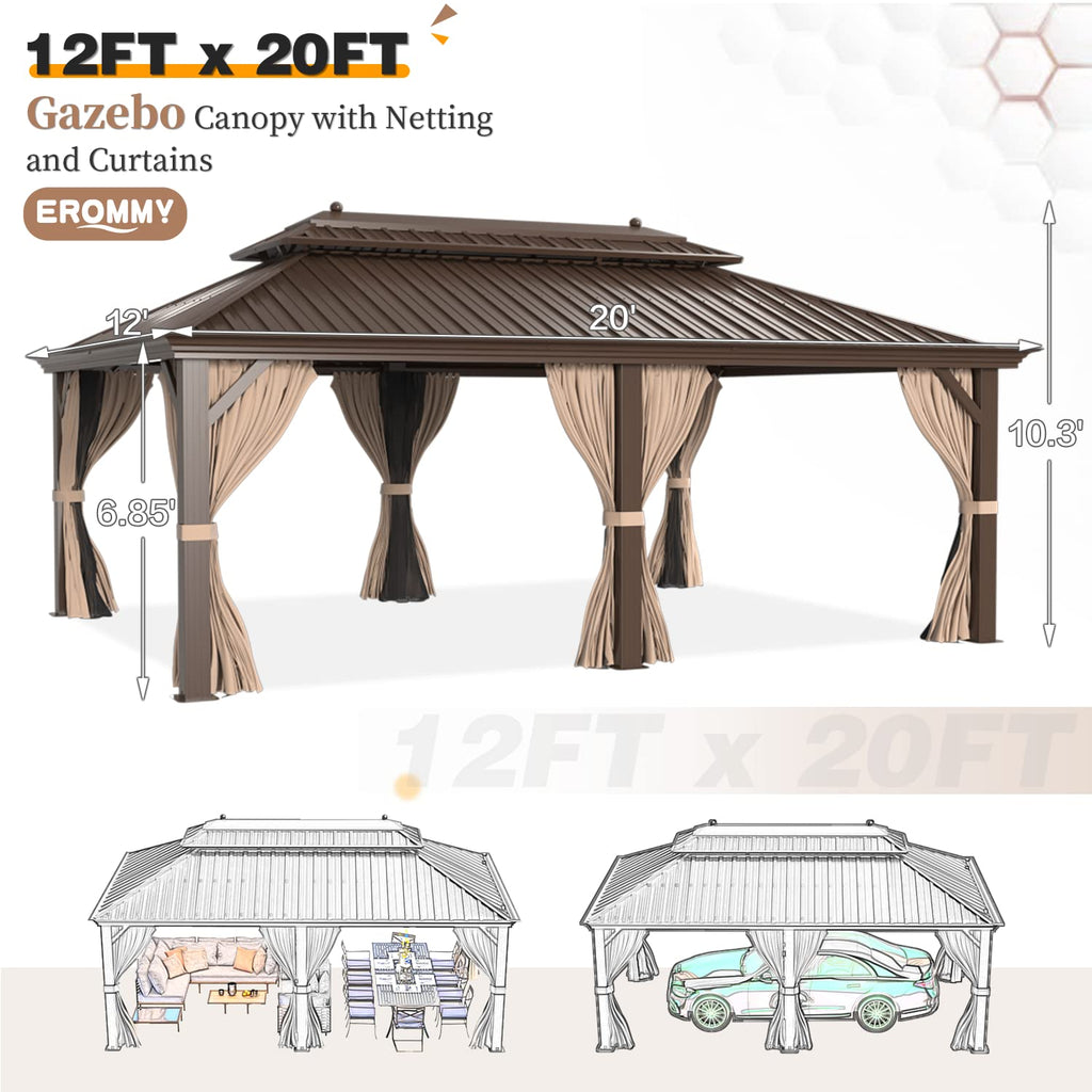 EROMMY 12'x20' Hardtop Gazebo Double Roof Galvanized Steel Canopy Outdoor Aluminum Frame Permanent Metal Pavilion with Netting and Curtains for Patio Backyard Deck and Lawns