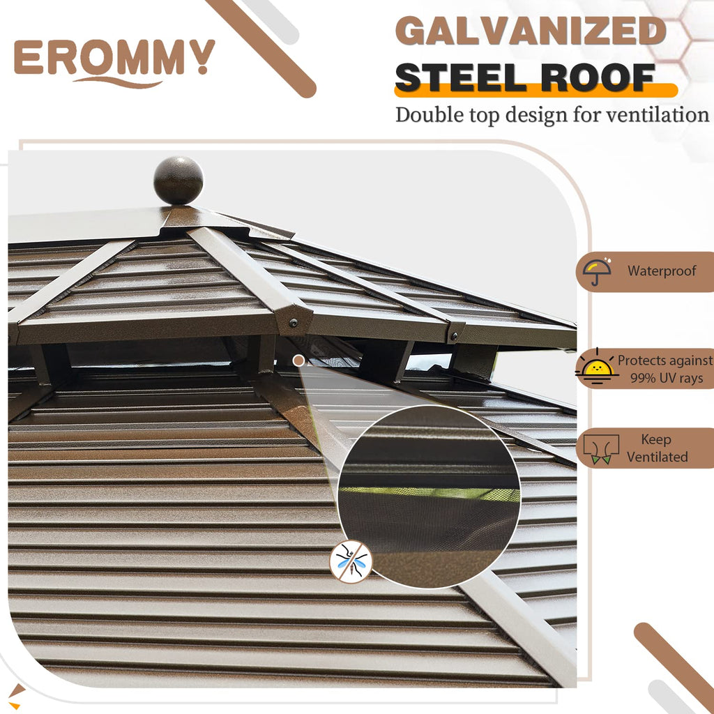 EROMMY 10'x13' Hardtop Gazebo, Galvanized Steel Outdoor Aluminum Canopy with Netting and Shaded Curtains, Double Roof Pergolas, Permanent Metal Pavilion for Patio, Backyard, Deck and Lawns, Brown
