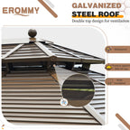 EROMMY 10'x13' Hardtop Gazebo, Galvanized Steel Outdoor Aluminum Canopy with Netting and Shaded Curtains, Double Roof Pergolas, Permanent Metal Pavilion for Patio, Backyard, Deck and Lawns, Brown