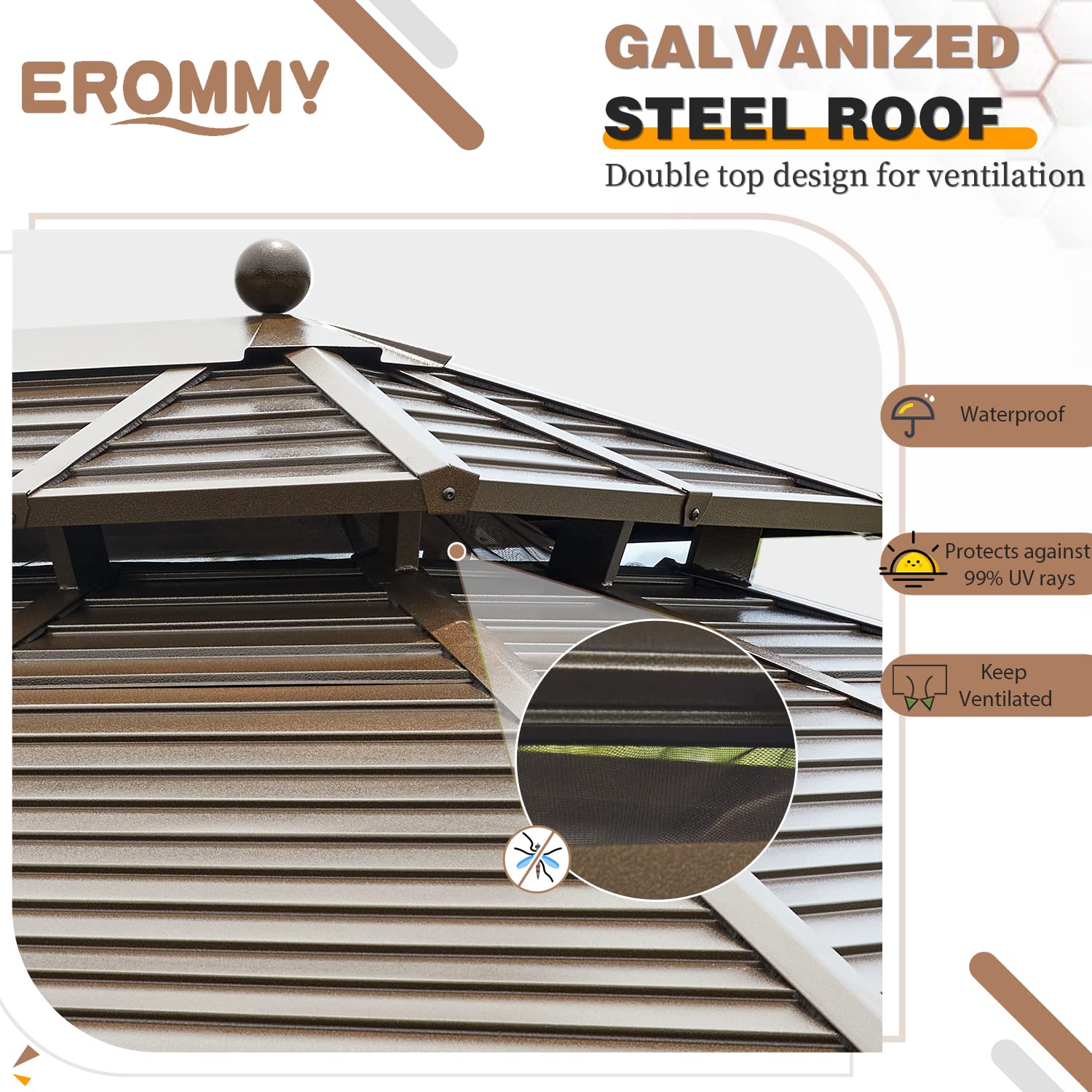 EROMMY 10'x13' Hardtop Gazebo, Galvanized Steel Outdoor Aluminum Canopy with Netting and Shaded Curtains, Double Roof Pergolas, Permanent Metal Pavilion for Patio, Backyard, Deck and Lawns, Brown